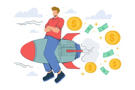 Unternehmer gründen Start-up. Fliegen mit einer Rakete in den Himmel und Geld fällt. Risikokapital zur Finanzierung von Startup-Unternehmen und Entwicklung. Vektorillustration