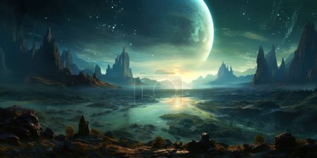 Photo for 3d rendered Space Art: Alien Planet - A Fantasy Landscape with blue skies and stars - Royalty Free Image