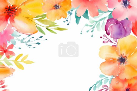 Foto de Coloridas hojas de acuarela y flores sobre fondo blanco - borde botánico o marco. Acuarela floral pastel, estilo vintage - Imagen libre de derechos