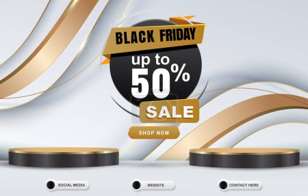 Ilustración de Black friday sale discount template banner with blank space podium for product with gradient white and golden background - Imagen libre de derechos