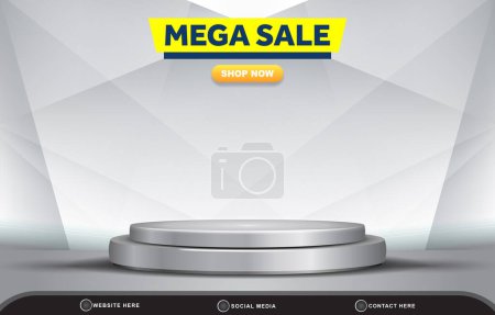 Téléchargez les photos : Méga bannière de modèle de réduction de vente avec espace vide podium 3d pour la vente de produits avec dégradé abstrait blanc et gris conception de fond - en image libre de droit