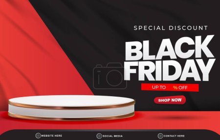 Téléchargez les photos : Rabais spécial noir vendredi vente modèle bannière avec espace vide podium 3d pour la vente de produits avec dégradé abstrait fond noir et rouge - en image libre de droit
