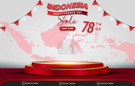 Téléchargez les illustrations : 78e d'août indonésien indépendance jour vente paysage bannière pour les médias sociaux post avec podium 3d à vendre avec dégradé abstrait rouge et blanc conception de fond - en licence libre de droit