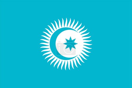Téléchargez les illustrations : Drapeau de l'Organisation des États turcs (OTS), Conseil de coopération des États turcophones, drapeau bleu clair avec un soleil avec quarante rayons uniformément espacés, une étoile à huit branches et un croissant - en licence libre de droit