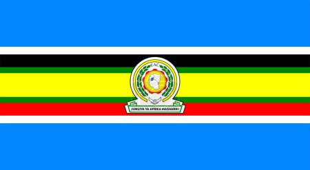 Illustration for East African Community (EAC), blue background with a thin yellow stripe fimbrated in green, overtop two thin stripes of black and red, fimbriated in white, center of the stripes is the emblem - Royalty Free Image