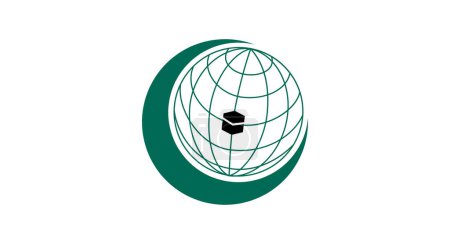 Illustration for Flag of Organisation of Islamic Cooperation, Organisation of the Islamic Conference, OIC, green shade and globe, with the Kaaba at the center of the globe - Royalty Free Image