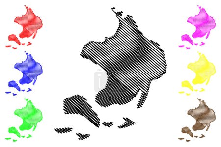 Ilustración de Duke of York Islands (New Guinea, Pacific Ocean, Bismarck Archipelago) mapa de ilustración vectorial, boceto de garabato Kabakon o Kaka Kon, Kerawara, Ulu, Mioko y Mualim mapa - Imagen libre de derechos