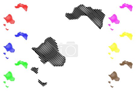 Ilustración de Islas Tanga (Nueva Guinea, Océano Pacífico, Archipiélago Bismarck) mapa vector ilustración, boceto garabato Boang o Boeng, Malendok o Maledok, Lif y Tefa mapa - Imagen libre de derechos