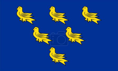 Ilustración de Bandera del condado tradicional e histórico de East Sussex (Inglaterra, Reino Unido de Gran Bretaña e Irlanda del Norte, Reino Unido) Saint Richard 's Flag, six gold martlets on a blue background - Imagen libre de derechos