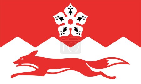 Illustration for Flag of Leicestershire or Leics Ceremonial county (England, United Kingdom of Great Britain and Northern Ireland, uk) red and white dancett background, Cinquefoil and the running red fox, - Royalty Free Image