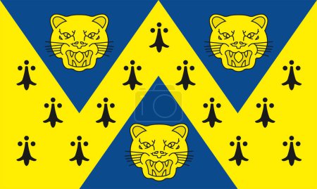 Téléchargez les illustrations : Drapeau du comté cérémonial de Shropshire, Salop, Shrops ou Salopian (Angleterre, Royaume-Uni de Grande-Bretagne et d'Irlande du Nord, Royaume-Uni) trois têtes de léopards - en licence libre de droit