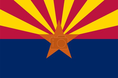 Flag of Arizona state (United States of America, U.S.A. or USA, North America) 13 rays of red and weld-yellow on the top half, center copper  star rest of the flag is covered by a blue section
