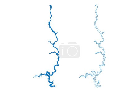Téléchargez les illustrations : Réservoir du lac Oahe (États-Unis d'Amérique, Amérique du Nord, nous, États-Unis, Dakota du Sud et Dakota du Nord) illustration vectorielle de la carte, croquis à griffes Carte du barrage d'Oahe - en licence libre de droit