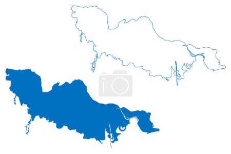 Téléchargez les illustrations : Lac Chardara (République du Kazakhstan) illustration vectorielle de carte, croquis de gribouillage Réservoir Shardara ou barrage Chardarin carte - en licence libre de droit