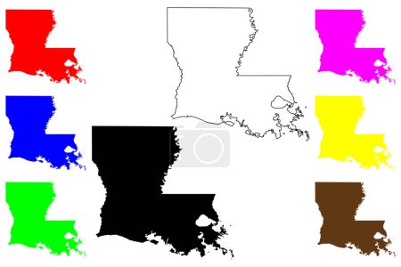 Téléchargez les illustrations : État de Louisiane (États-Unis d'Amérique, États-Unis d'Amérique ou États-Unis d'Amérique) silhouette et plan Louisiane, Luisiane ou Lwizyan carte - en licence libre de droit