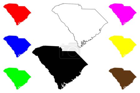 Ilustración de Estado de Carolina del Sur (Estados Unidos de América, Estados Unidos o Estados Unidos de América) silueta y esquema mapa - Imagen libre de derechos