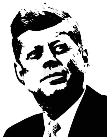Illustration for Black and white silhouette of JFK, John Kennedy vector.Portrait photo of USA, 35th president of the United States. Born in 1917, noted for his charisma and leadership. Killed in 1963 in Dallas, Texas - Royalty Free Image