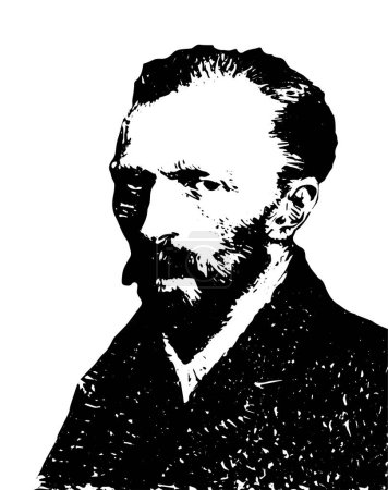 Illustration for Portrait of Vincent Van Gogh vector. Black and white Silhouette.(1853-1890) Dutch post-impressionist painter known for "Starry Night" and "Sunflowers." Mental health struggles influenced his work. - Royalty Free Image