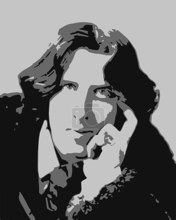 Ilustración de Retrato de Oscar Wilde (1854-1900): Vector en 3 colores. El dramaturgo irlandés, autor de "The Picture of Dorian Gray", conocido por su ingenio y estilo extravagante, sufrió una caída escandalosa.. - Imagen libre de derechos