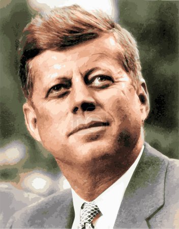 John Kennedy vector.en Farben Portraitfoto der USA, 35. Präsident der Vereinigten Staaten. Geboren 1917, bekannt für sein Charisma und seine Führungsstärke. Ermordet 1963 in Dallas, Texas. Silhouette von JFK, 