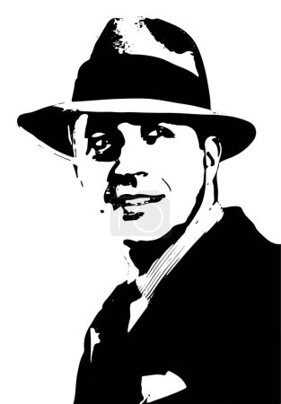 Illustration for Montevideo, Uruguay; 1933: Portrait of Carlos Gardel. Black and white vector. Tango singer smiles with a hat looking at the camera. Musician Icon of South America. Historic old photography. - Royalty Free Image