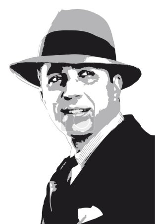 Illustration for Montevideo, Uruguay; 1933: Portrait of Carlos Gardel. 3 colors vector. Tango singer smiles with a hat looking at the camera. Musician Icon of South America. Historic old photography. - Royalty Free Image