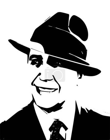 Illustration for Portrait of Carlos Gardel. Black and white vector. Tango singer smiles with a hat looking at the camera. Musician Icon of South America. Historic old photography. - Royalty Free Image
