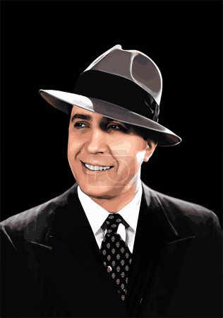 Illustration for Portrait of Carlos Gardel. White background vector in grey. Tango singer smiles with a hat looking at the camera. Musician Icon of South America. Historic old photography. - Royalty Free Image