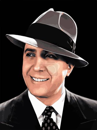 Photo for Portrait of Carlos Gardel. Black background color vector. Tango singer smiles with a hat looking at the camera. Musician Icon of South America. Historic old photography. - Royalty Free Image