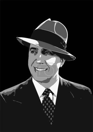 Illustration for Portrait of Carlos Gardel. Black background color vector. Tango singer smiles with a hat looking at the camera. Musician Icon of South America. Historic old photography. - Royalty Free Image