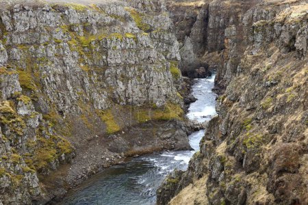 Foto de Kolugljufur es un cañón muy bonito situado en el norte de Islandia y conocido por sus caídas de Kolufossar que fluyen hasta el fondo de la garganta. - Imagen libre de derechos