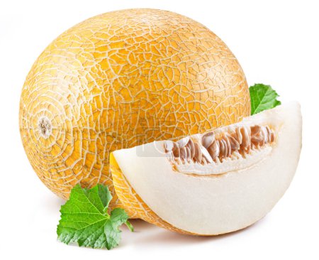 Foto de Cantaloupe melon with leaf and melon slice isolated on white background. - Imagen libre de derechos