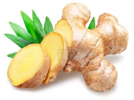 Photo for Fresh ginger root and ginger slices with leaves isolated on white background. - Royalty Free Image