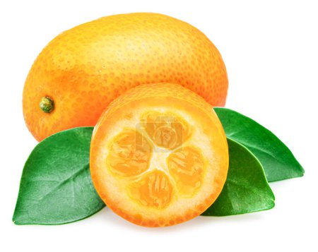 Photo for Ripe kumquat fruit and kumquat slice with leaves isolated on white background. - Royalty Free Image
