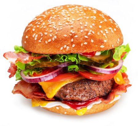 Foto de Sabrosa hamburguesa con queso aislada sobre fondo blanco. - Imagen libre de derechos