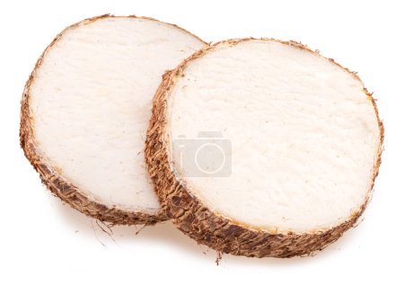 Photo for Raw organic eddoe or taro corms cross cuts isolated on white background. - Royalty Free Image