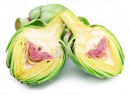 Photo for Green french artichoke and artichoke slices isolated on white background. - Royalty Free Image