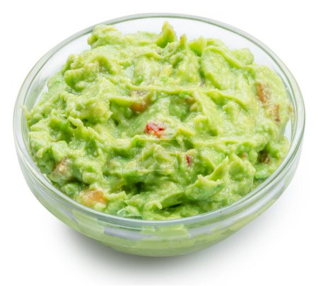 Photo for Guacamole or dip of avocado in the glass bowl on white background. Clipping path. - Royalty Free Image
