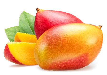 Photo for Mango fruits with green leaf and mango slices isolated on white background. - Royalty Free Image