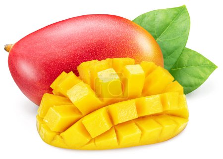 Photo for Mango fruit and mango half cut in hedgehog style isolated on white background. - Royalty Free Image