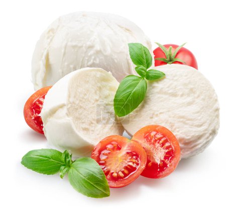 Photo for Mozzarella with tomatoes and basil leaves isolated on white background. - Royalty Free Image