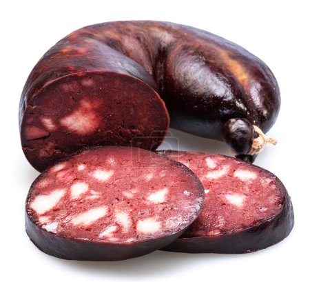 Blood sausage and sausage cuts isolated on white background.