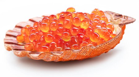 Téléchargez les photos : Caviar rouge ou oeufs de saumon en coquille de pétoncle isolés sur fond blanc. - en image libre de droit