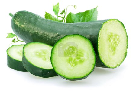 Photo for Raw cucumber and cucumber slices isolated on white background. - Royalty Free Image
