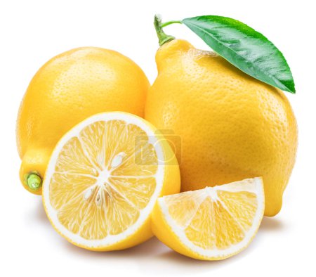 Téléchargez les photos : Ripe lemon fruits with leaf and lemon slices isolated on white background. - en image libre de droit