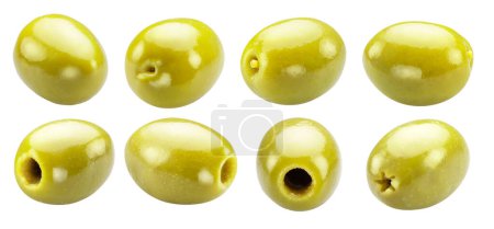 Set of green table olives ready to eat on white background. File contains clipping paths.