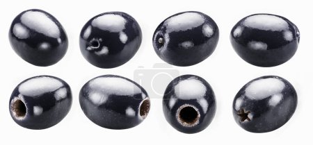 Set of black table olives ready to eat on white background. File contains clipping paths.
