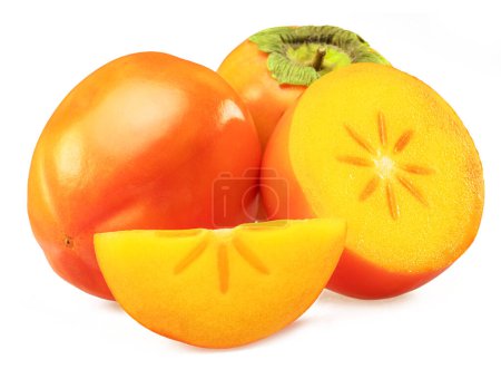 Photo for Ripe persimmon fruits or kaki fruits with kaki slices isolated on white background. - Royalty Free Image