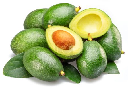 Photo for Lot of avocado fruits with leaves isolated on white background. - Royalty Free Image