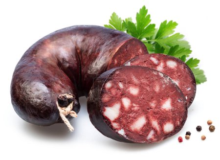 Blood sausage with suet pieces and parsley leaf isolated on white background.